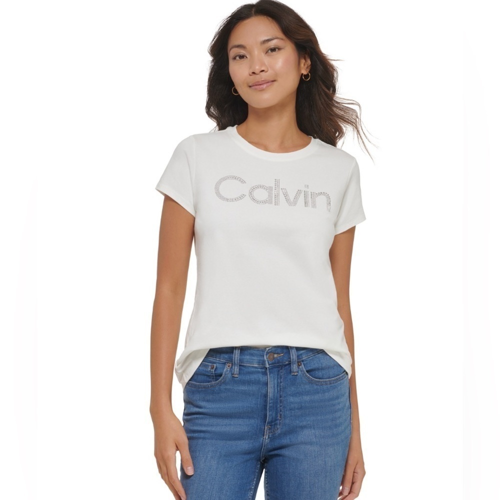 Calvin Klein Womens Embellished Logo T-Shirt,Mascarpone Topaz XS off white boho